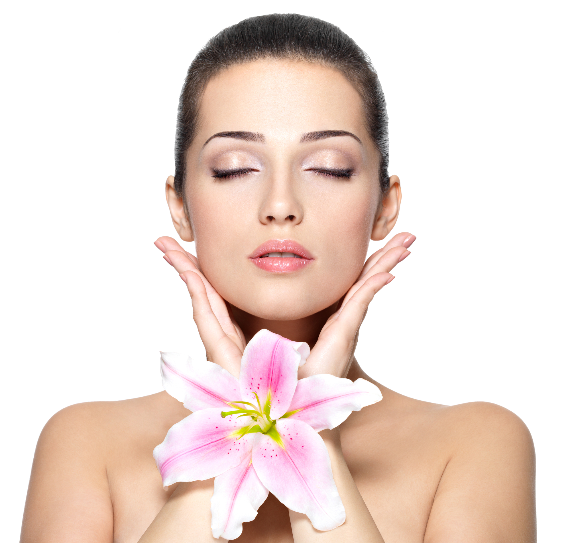 Beauty face of young woman with flower. Beauty treatment concept. Portrait of young woman with closed eyes